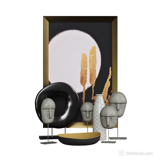 Stylish Decorative Ornament Set With Gray Figurines Black Circular Ornament Golden Elements And White Vase 3d model 
