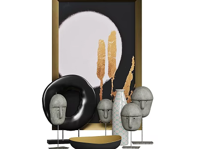 Stylish Decorative Ornament Set With Gray Figurines Black Circular Ornament Golden Elements And White Vase 3d model