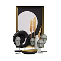 Stylish Decorative Ornament Set With Gray Figurines Black Circular Ornament Golden Elements And White Vase