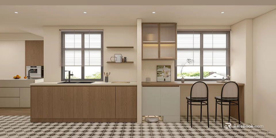 Modern Kitchen With Wooden Cabinets White Island Countertop Window Blinds Black Chairs And Checkered Floor 3d model 