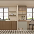 Modern Kitchen With Wooden Cabinets White Island Countertop Window Blinds Black Chairs And Checkered Floor