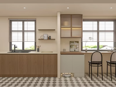 Modern Kitchen With Wooden Cabinets White Island Countertop Window Blinds Black Chairs And Checkered Floor 3d model