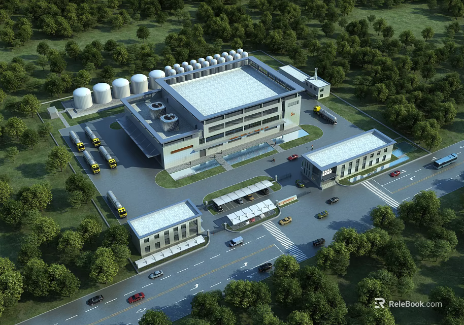 Modern Industrial Factory Building With Storage Tanks Green Trees And Access Roads 3d model 
