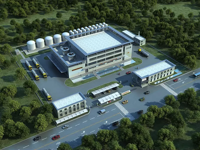 Modern Industrial Factory Building With Storage Tanks Green Trees And Access Roads 3d model