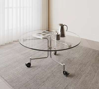 Round Glass Coffee Table with Metal Frame and Wheels on Carpet with Decorative Elements 3d model