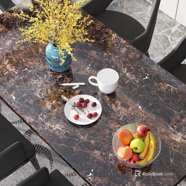 Marble Top Dining Table With Blue Vase Yellow Flowers White Mug Berries And Fruit Bowl 3d model 