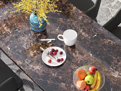 Marble Top Dining Table With Blue Vase Yellow Flowers White Mug Berries And Fruit Bowl 3d model