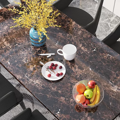 Marble Top Dining Table With Blue Vase Yellow Flowers White Mug Berries And Fruit Bowl 3d model