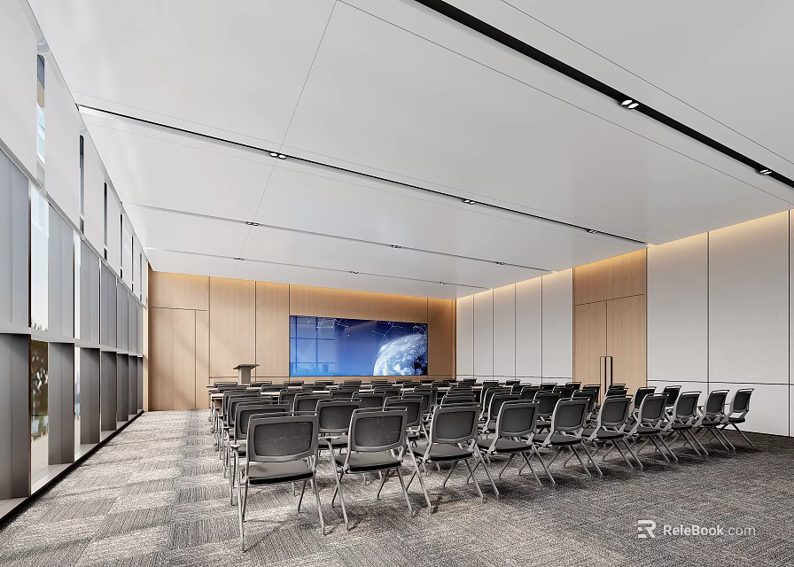 Modern Spacious Conference Room Interior With Arranged Chairs Large Screen And Wooden White Walls 3d model 