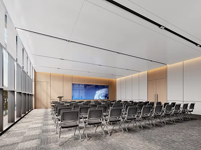 Modern Spacious Conference Room Interior With Arranged Chairs Large Screen And Wooden White Walls 3d model