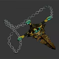 Fantasy Golden Sword With Green Gemstones And Decorative Chain Details