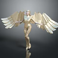 Game and Movie Character Standing in Golden Armor with Outstretched Golden Wings