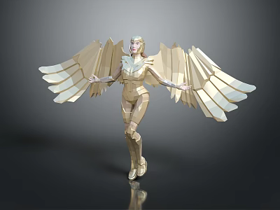 Game and Movie Character Standing in Golden Armor with Outstretched Golden Wings 3d model