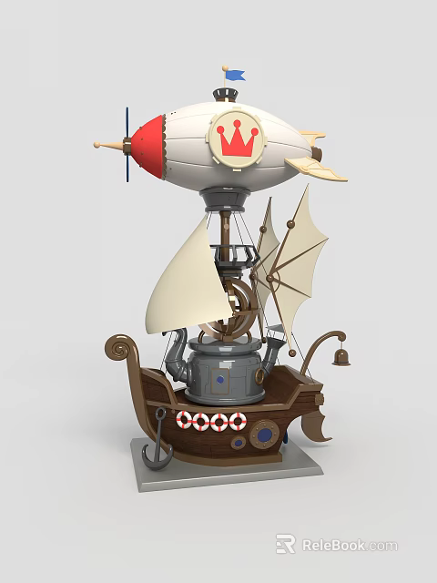 Steampunk Fantasy Airship Ship Hybrid With Crown Logo Sails And Mechanical Gears 3d model 