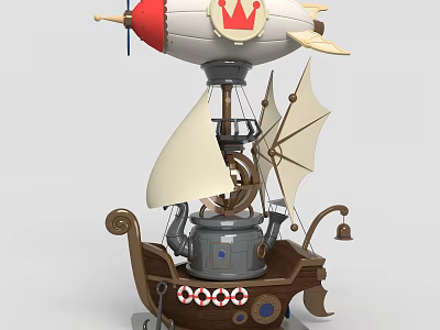 Steampunk Fantasy Airship Ship Hybrid With Crown Logo Sails And Mechanical Gears 3d model