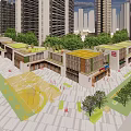 Modern Commercial Street Shopping Hub Featuring Colorful Circular Decorations High Rise Buildings And Green Lawn