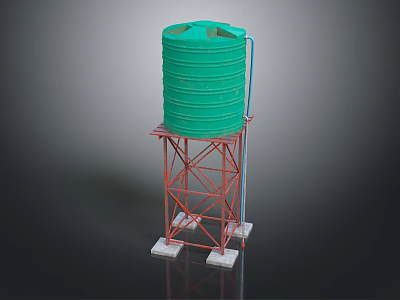 Green Water Tank With Red Steel Frame Elevated On Support Structure 3d model