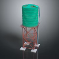 Green Water Tank With Red Steel Frame Elevated On Support Structure 3d model