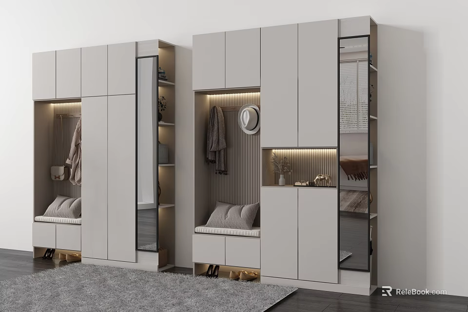 Modern Modular Shoe Cabinet With Mirror Coat Hanger Seat And Decorative Elements 3d model