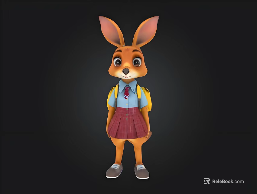 Cartoon Rabbit Character Wearing Blue Shirt Red Plaid Skirt Yellow Backpack Against Black Background 3d model 