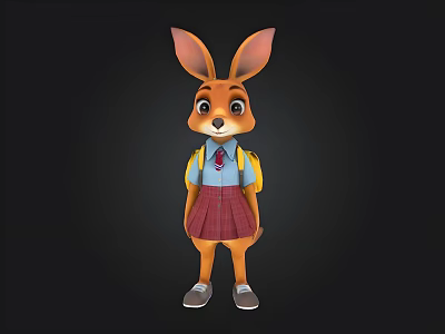 Cartoon Rabbit Character Wearing Blue Shirt Red Plaid Skirt Yellow Backpack Against Black Background 3d model