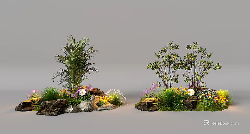 Diverse Outdoor Plant Combination With Palm Shrub Flowers And Rocks For Garden Landscaping 3d model 