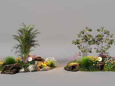 Diverse Outdoor Plant Combination With Palm Shrub Flowers And Rocks For Garden Landscaping 3d model