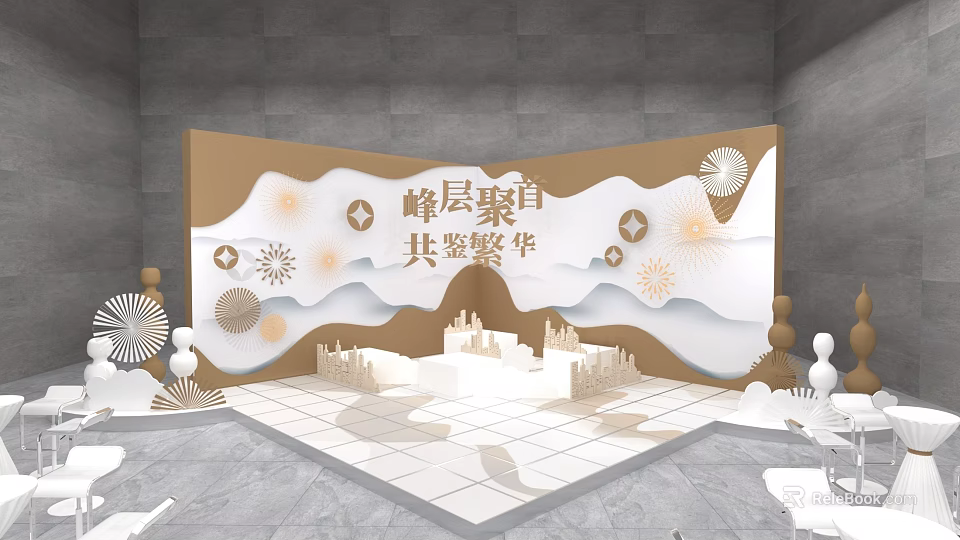 Elegant Photo Check In Spot With Mountain Shaped Backdrop Firework Decorations And City Skyline 3d model 