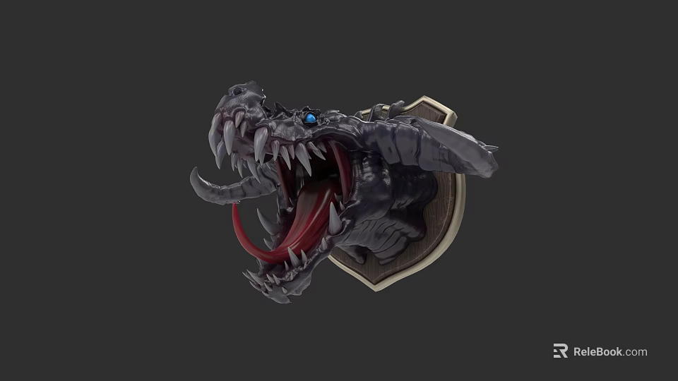 Mythical Dragon Head With Open Mouth Sharp Teeth Blue Eyes On Armored Shield Base 3d model 
