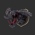 Mythical Dragon Head With Open Mouth Sharp Teeth Blue Eyes On Armored Shield Base
