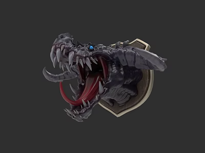 Mythical Dragon Head With Open Mouth Sharp Teeth Blue Eyes On Armored Shield Base 3d model