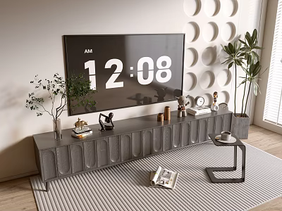 Modern Gray TV Stand With TV Decorations And Potted Plants In Living Room 3d model