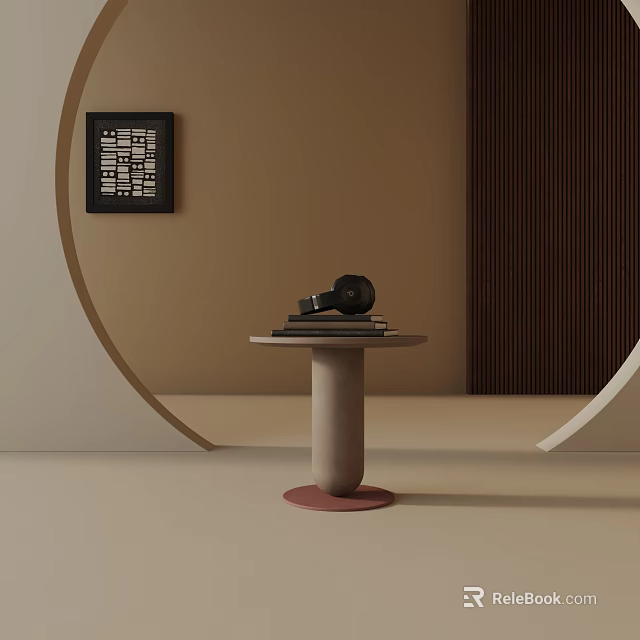 Minimalist Side Table with Turntable and Books in Neutral Toned Interior 3d model 