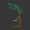 Outdoor Swing Chair With Green Canopy And Striped Cushions On Wooden Frame