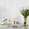 Decorative Ornament Set Including White Tulip Bouquet Glass Vase Table Lamp Candles Books And Glasses
