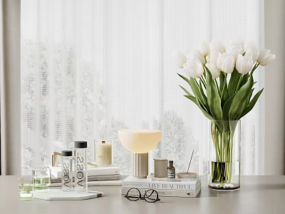 Decorative Ornament Set Including White Tulip Bouquet Glass Vase Table Lamp Candles Books And Glasses 3d model