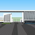 Modern Entrance Gate With Green Trees Water Feature Car And People Walking