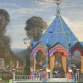 Ornate Gazebo With Blue Pyramid Roof Arched Design And Garden Setting