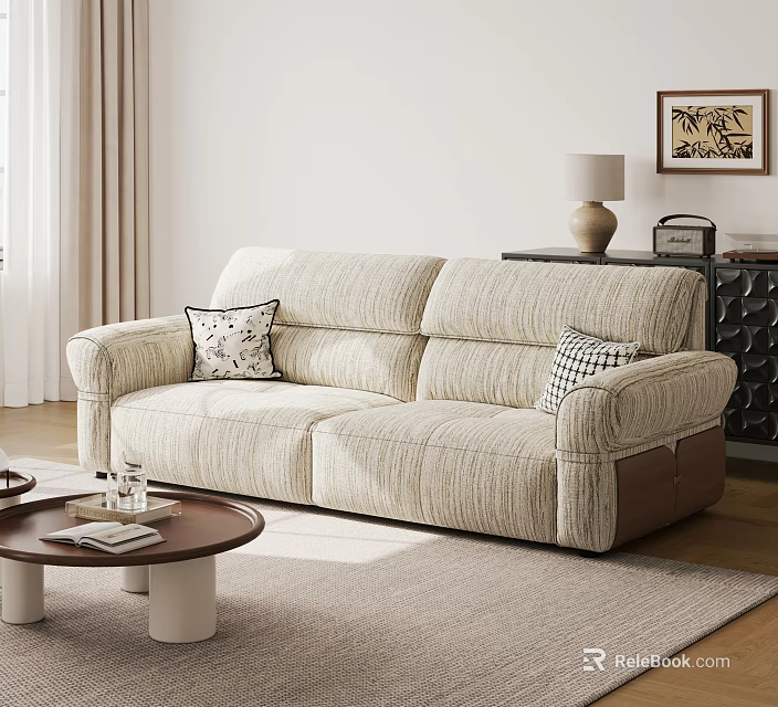 Beige Casual Sofa Set With Decorative Pillows And Wooden Coffee Table In Living Room 3d model 