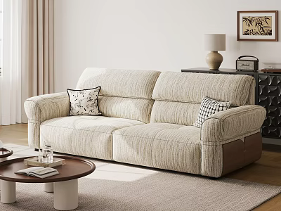 Beige Casual Sofa Set With Decorative Pillows And Wooden Coffee Table In Living Room 3d model