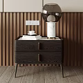 Modern Dark Wood Nightstand With Two Drawers Gold Handles Marble Base Lamp Coffee Cup Books