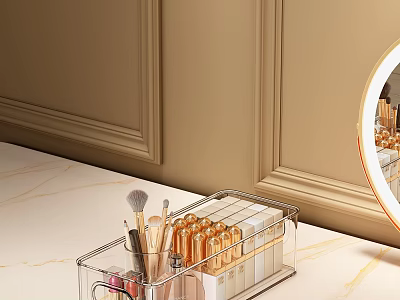 Elegant Perfume Cosmetics Storage With Makeup Brushes Golden Bottles In Transparent Organizer On Marble Countertop 3d model