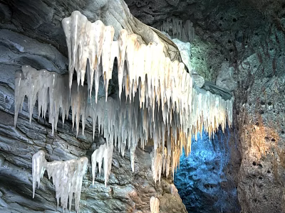 Stunning Cave Landscape Featuring Hanging Stalactites Rock Formations And Soft Blue Lighting 3d model