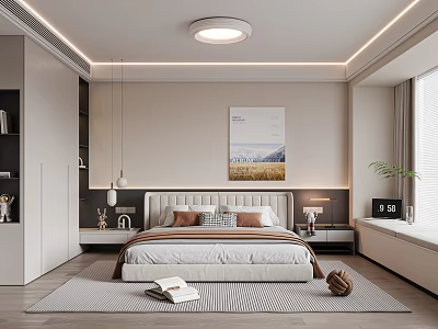 Modern Bedroom Interior Design With Wall Art Nightstands Pendant Lights And Rug 3d model