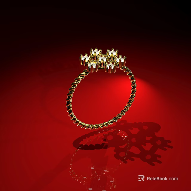 Gold Ring With Twisted Band And Sparkling Gemstones On Red Background 3d model 