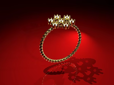Gold Ring With Twisted Band And Sparkling Gemstones On Red Background 3d model