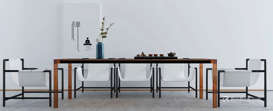 Minimalist Dining Table Set with White Chairs Blue Vase and Tea Set 3d model