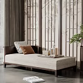 Elegant Chinese Style Daybed With Beige Cushion Brown Pillow And Wooden Lattice Screen