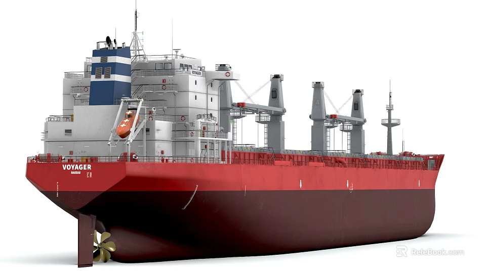 Large Cargo Ship With Red Hull White Superstructure Multiple Cranes And Blue Accents 3d model