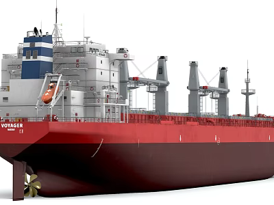Large Cargo Ship With Red Hull White Superstructure Multiple Cranes And Blue Accents 3d model